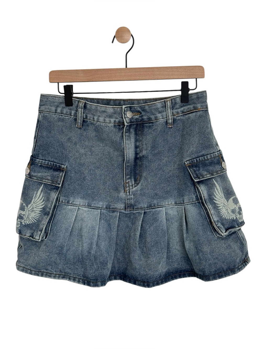 Skull Print Flap Pocket Pleated Hem Denim Skirt Size L Fairy Core Y2K